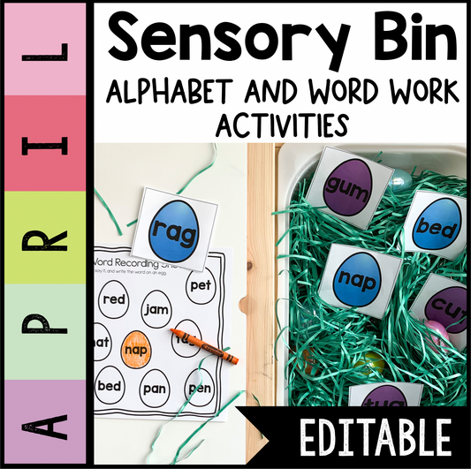 April Sensory Bin | Alphabet | Sight Word | CVC word center | Editable