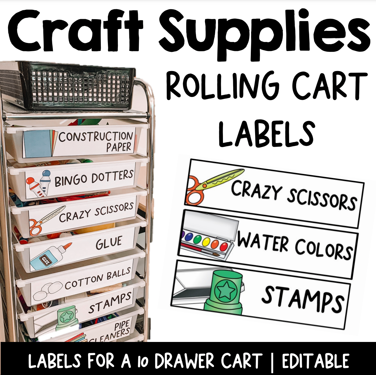 Art Supplies Rolling Cart Labels | Craft Center | Editable