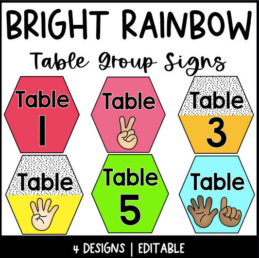 Bright Rainbow Table Group Signs | Editable | Dalmatian | Bulletin Board Display
