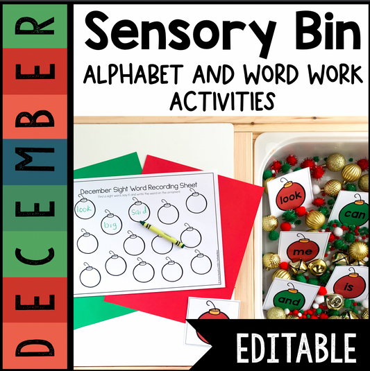 December Sensory Bin | Alphabet | Sight Word | CVC word center | Editable