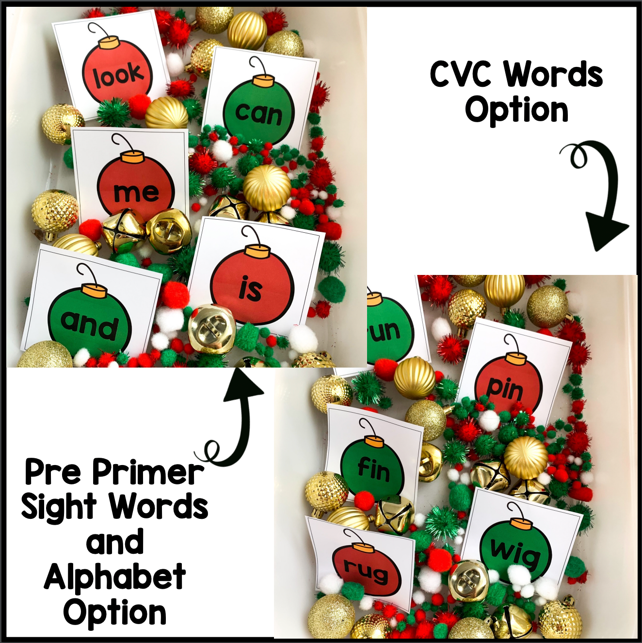 December Sensory Bin | Alphabet | Sight Word | CVC word center | Editable