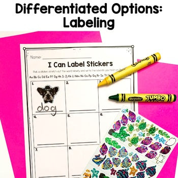 Sticker Story Center | No Prep | Labeling | Beginning Sounds | Writing