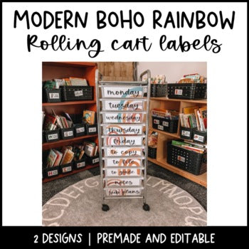 Modern Boho Rainbow Rolling Cart Labels | Editable |