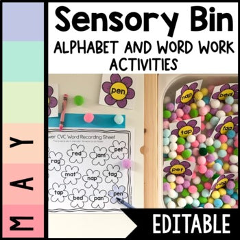 May Sensory Bin | Alphabet | Sight Word | CVC word center | Editable